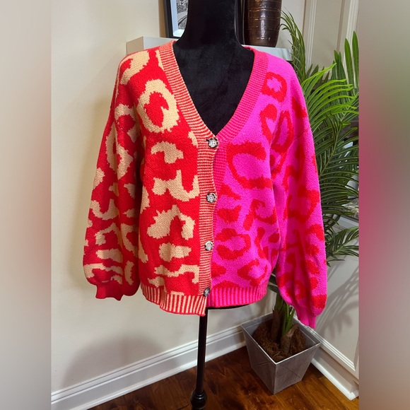 VICI Wild Heart Half and Half Leopard Red Pink Cardigan Medium - Picture 2 of 14